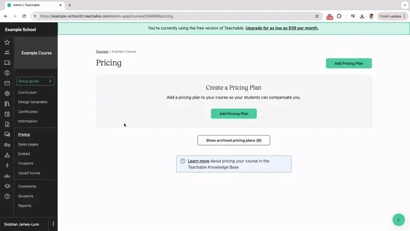 Create a new Teachable pricing plan