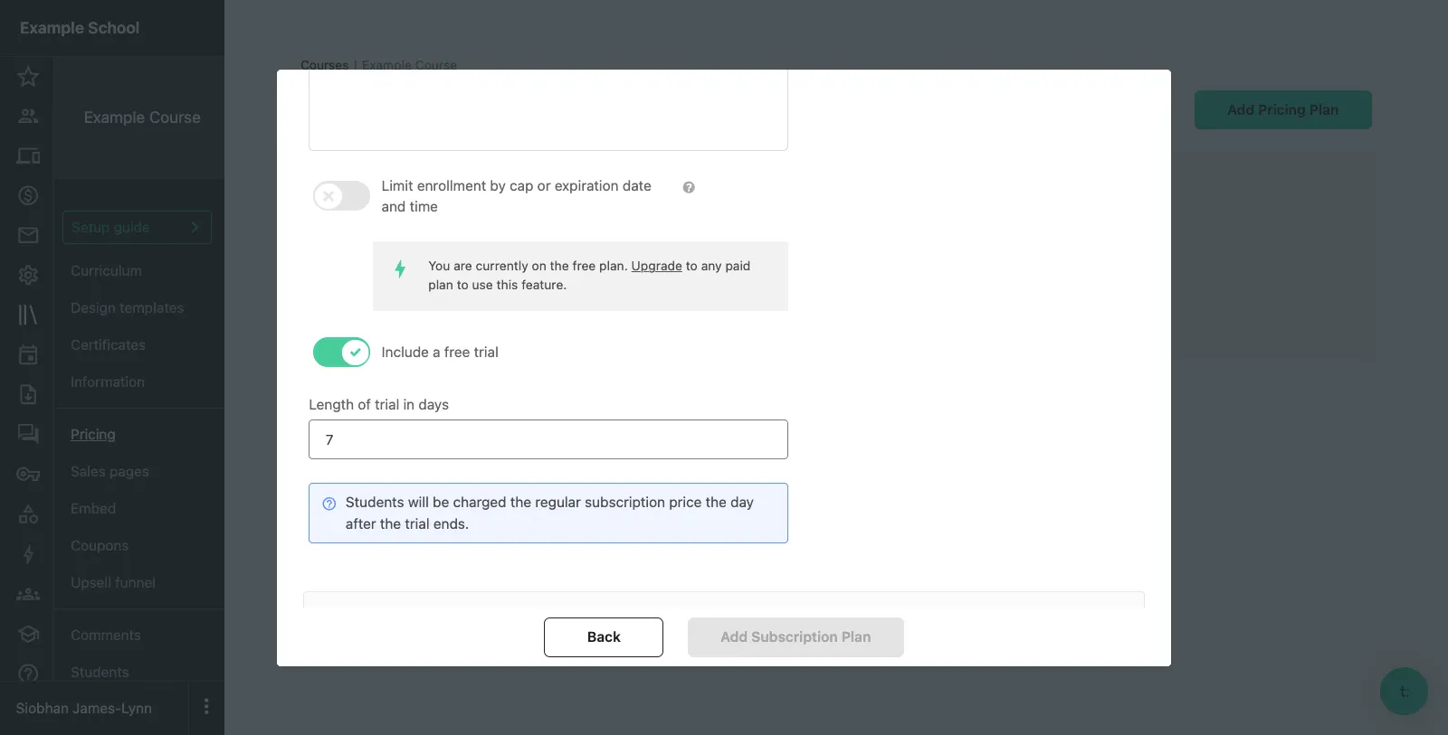 Teachable free trial duration screenshot
