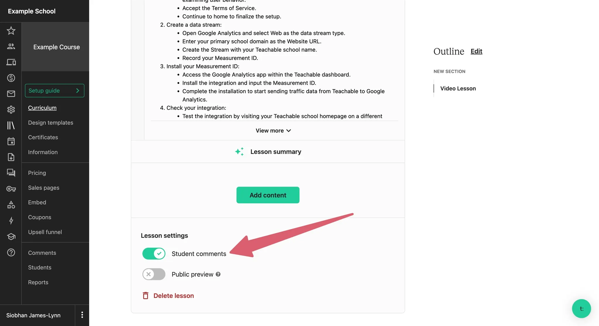 Turn Teachable comments on or off for a lesson